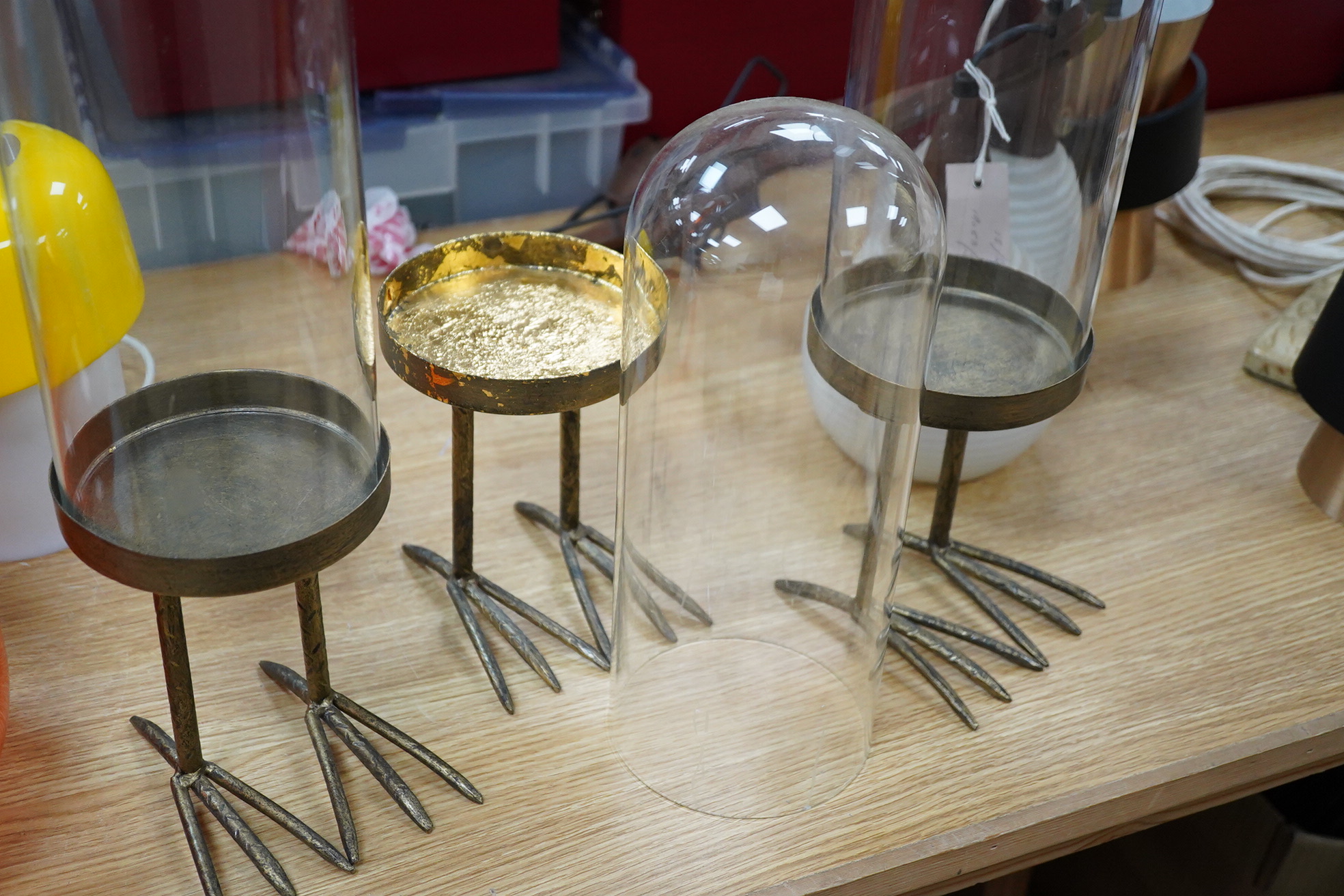 A trio of unusual glass domed display cases on ‘birds feet’ stands, 45cm
